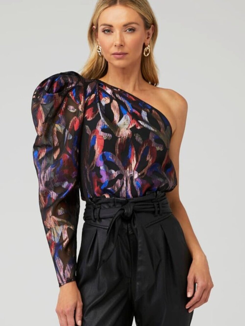 Sabina Musayev Shimmer One Shoulder Metallic Floral Top XS